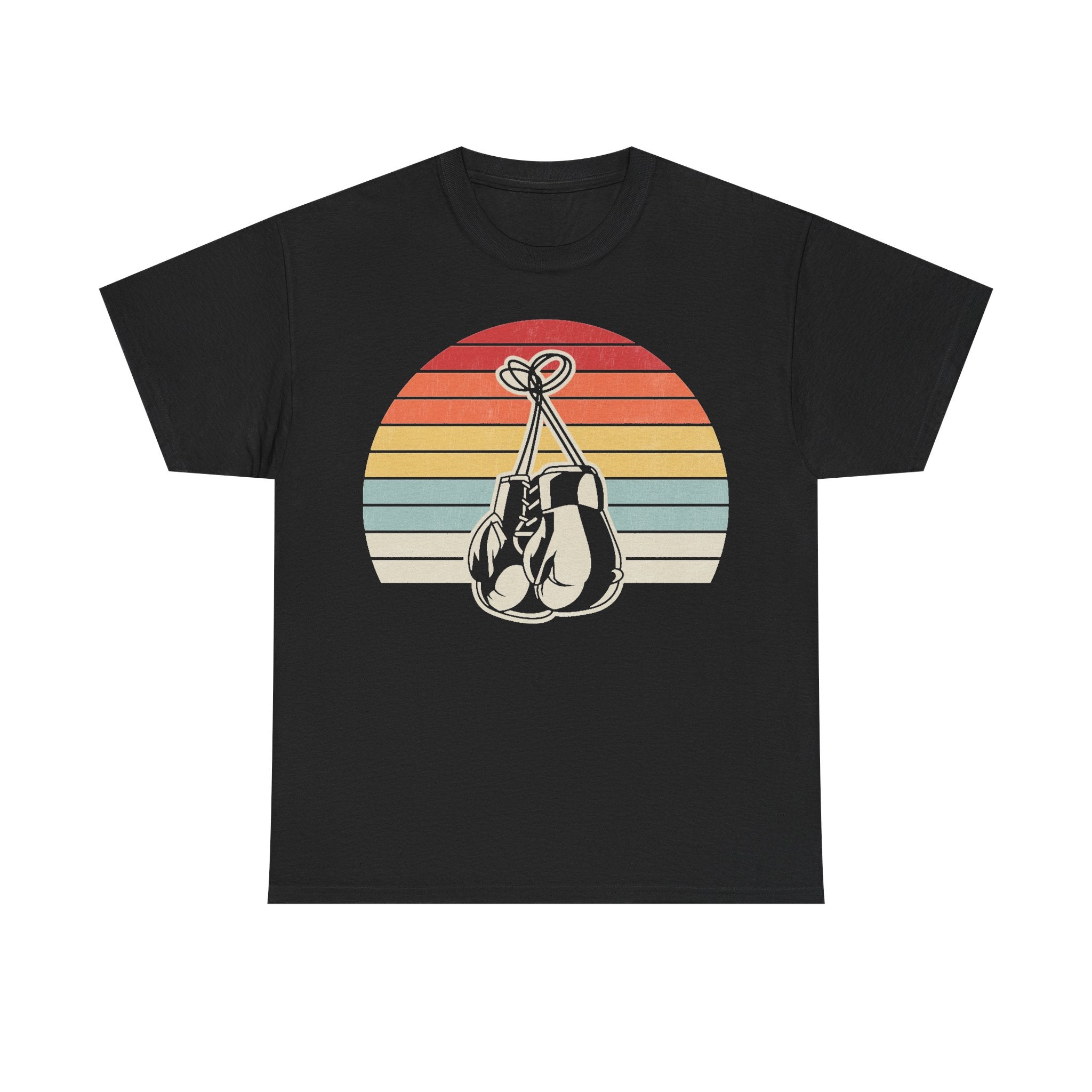 Black T-shirt with vintage 70s sunset graphic and hanging boxing gloves illustration.