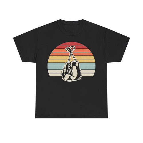 Black T-shirt with vintage 70s sunset graphic and hanging boxing gloves illustration.