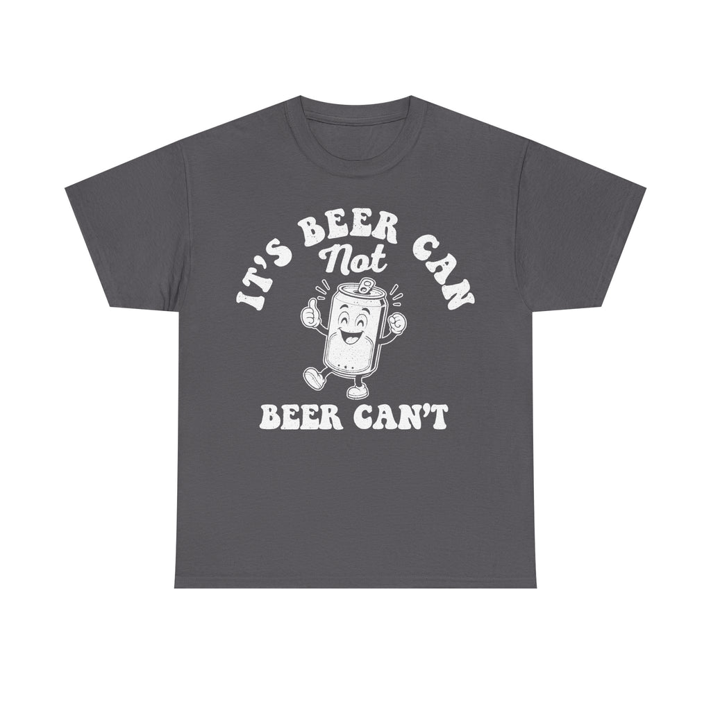 Gray T-shirt with a white distressed-print beer-can cartoon mascot and curved text design
