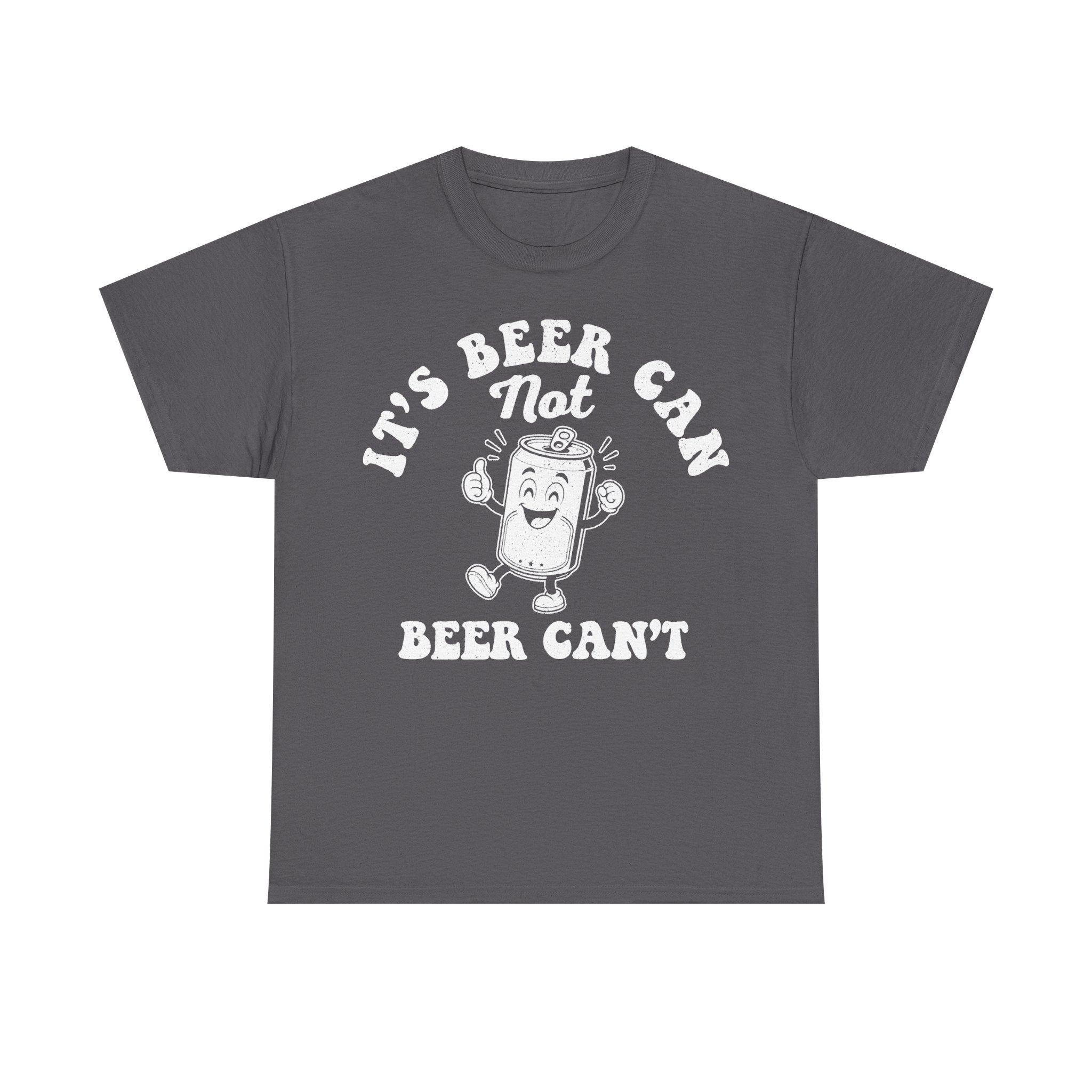 Gray T-shirt with a white distressed-print beer-can cartoon mascot and curved text design