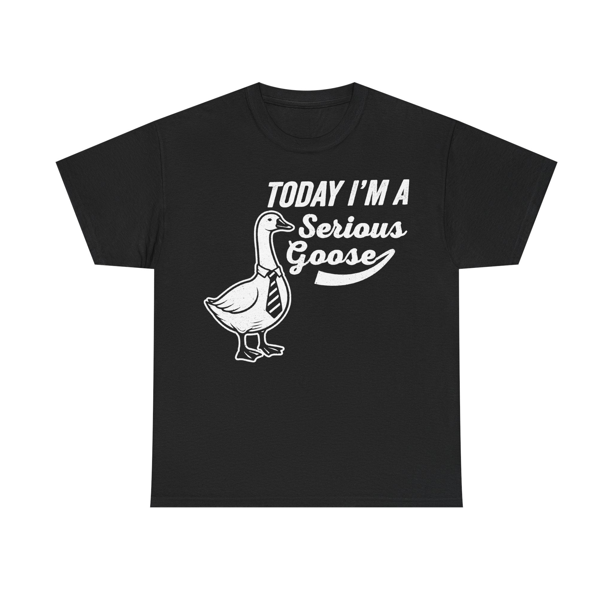 Black T-shirt with retro white distressed print: TODAY I'M A Serious Goose, featuring a cartoon goose in a tie.