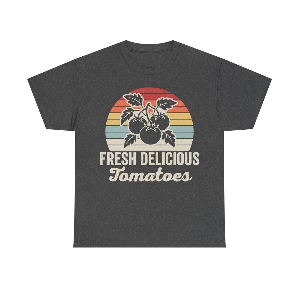 T-shirt with retro sunset circle tomato plant graphic; orange, yellow, teal stripes and Fresh Delicious Tomatoes.