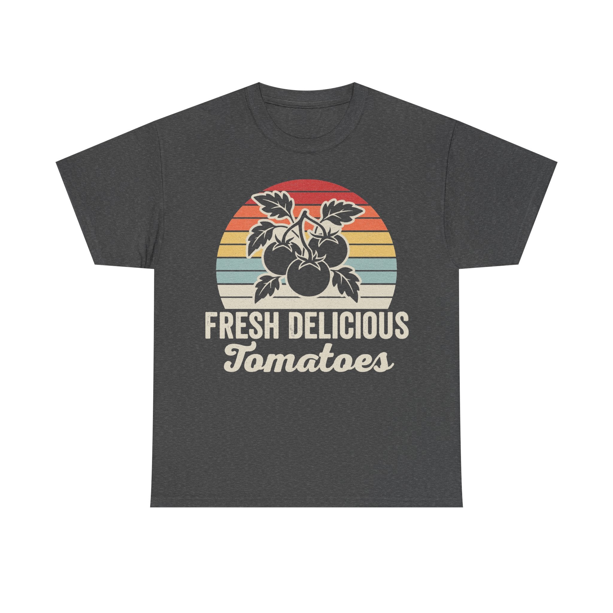 T-shirt with retro sunset circle tomato plant graphic; orange, yellow, teal stripes and Fresh Delicious Tomatoes.