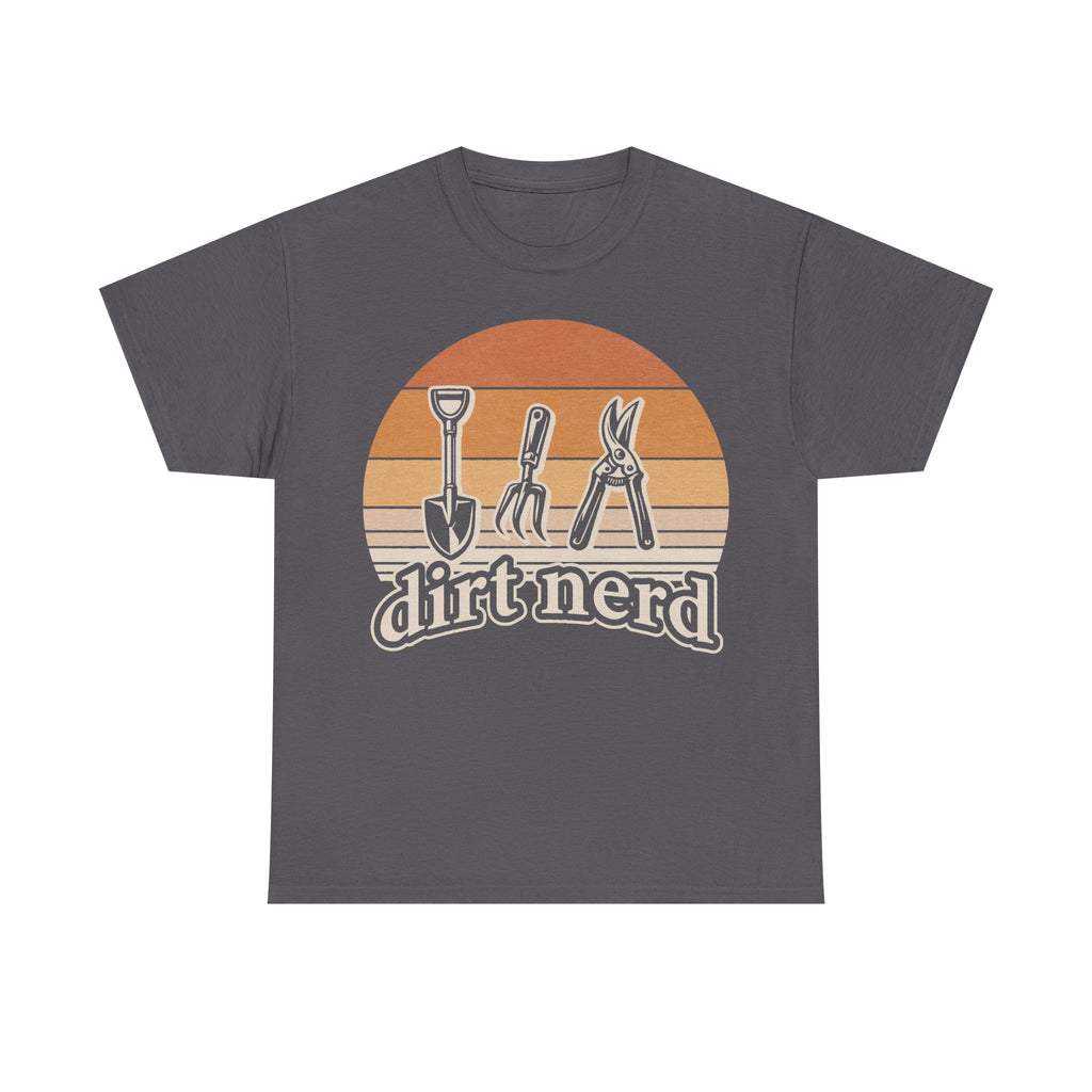 Dirt Nerd Gardening Tools Retro Sunset Illustration Tee For Garden Lovers And Plant Parents