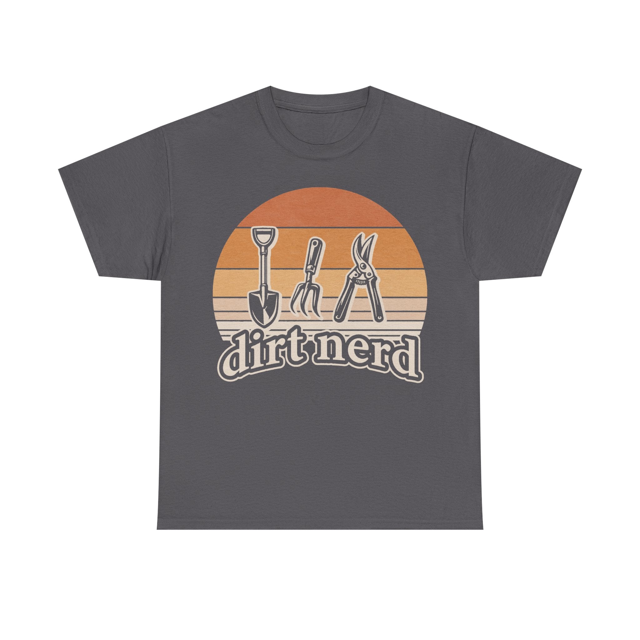 Dirt Nerd Gardening Tools Retro Sunset Illustration Tee For Garden Lovers And Plant Parents