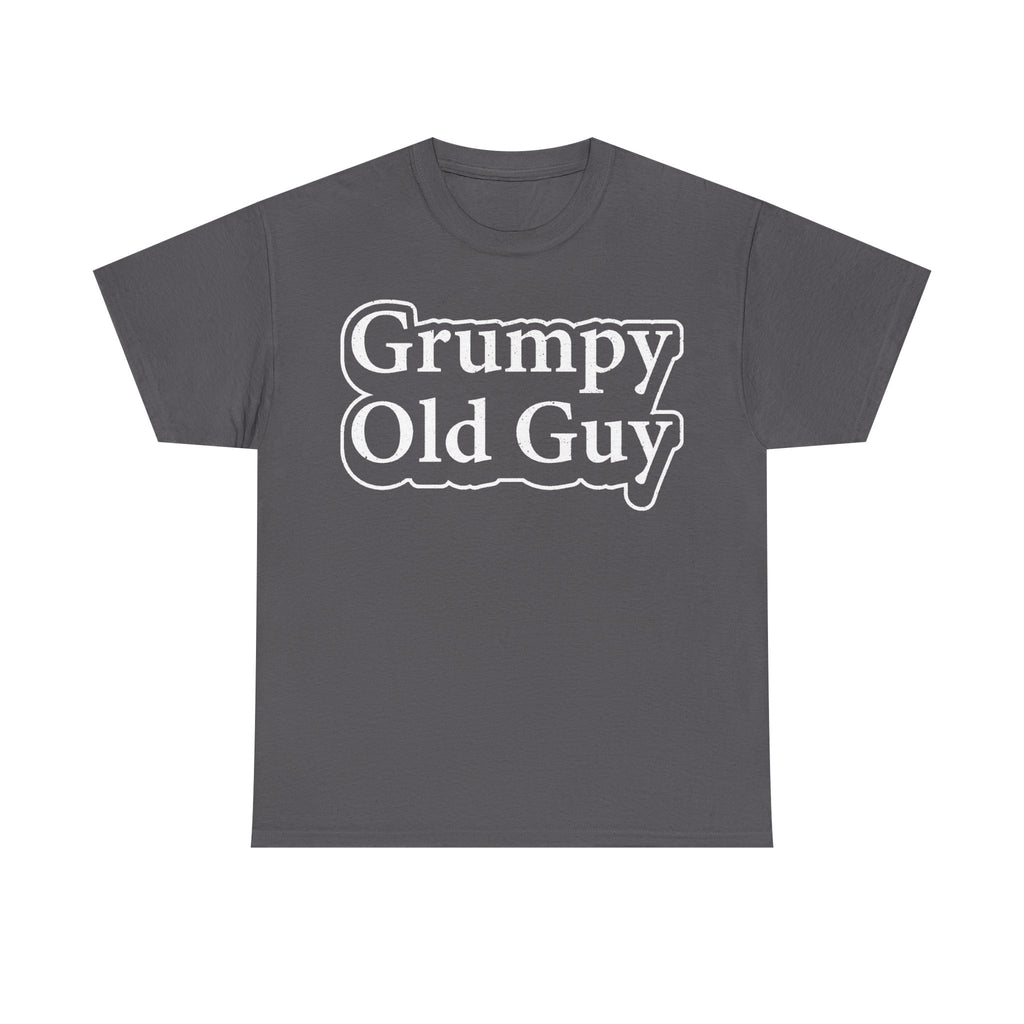 T-shirt with distressed white typography Grumpy Old Guy on charcoal fabric; retro vintage humor design