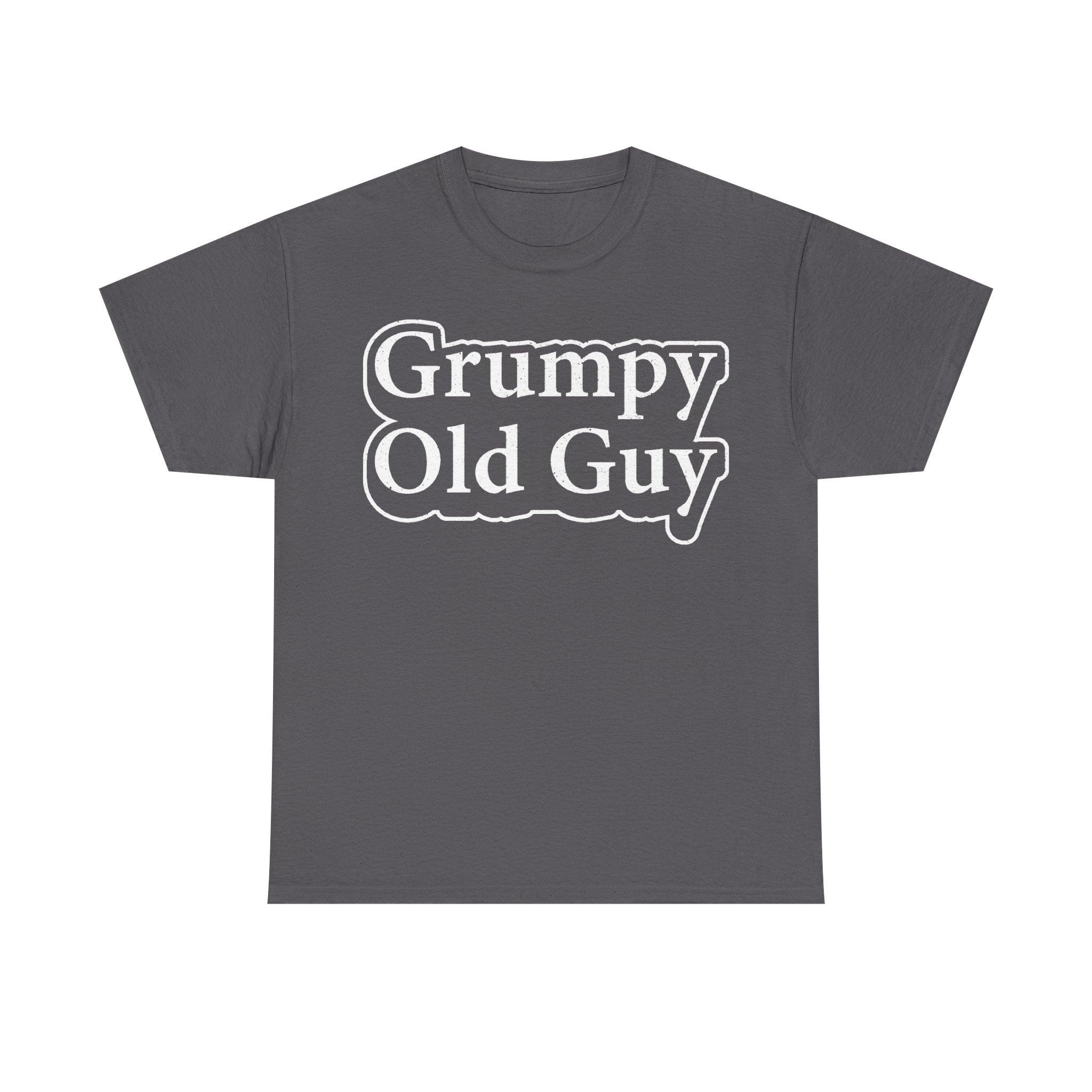 T-shirt with distressed white typography Grumpy Old Guy on charcoal fabric; retro vintage humor design