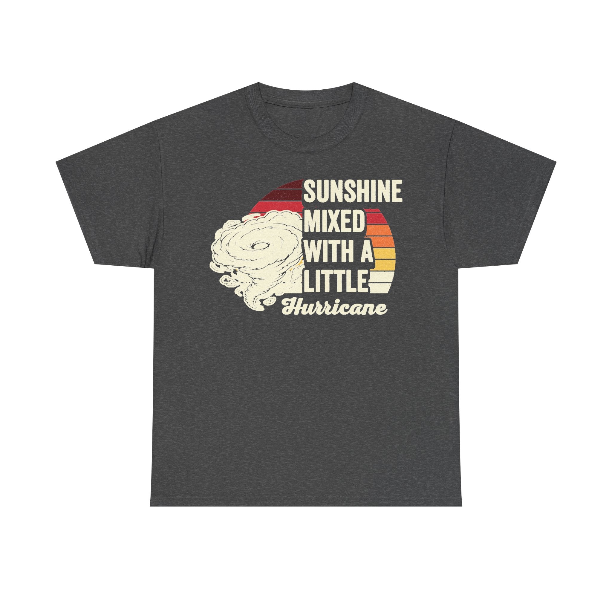 T-shirt in dark gray with retro sunset graphic and clouds, Sunshine mixed with a little Hurricane.