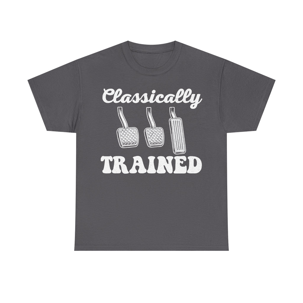 T-shirt, black with white retro graphic featuring Classically Trained in script and three piano pedals illustration