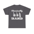 T-shirt, black with white retro graphic featuring Classically Trained in script and three piano pedals illustration
