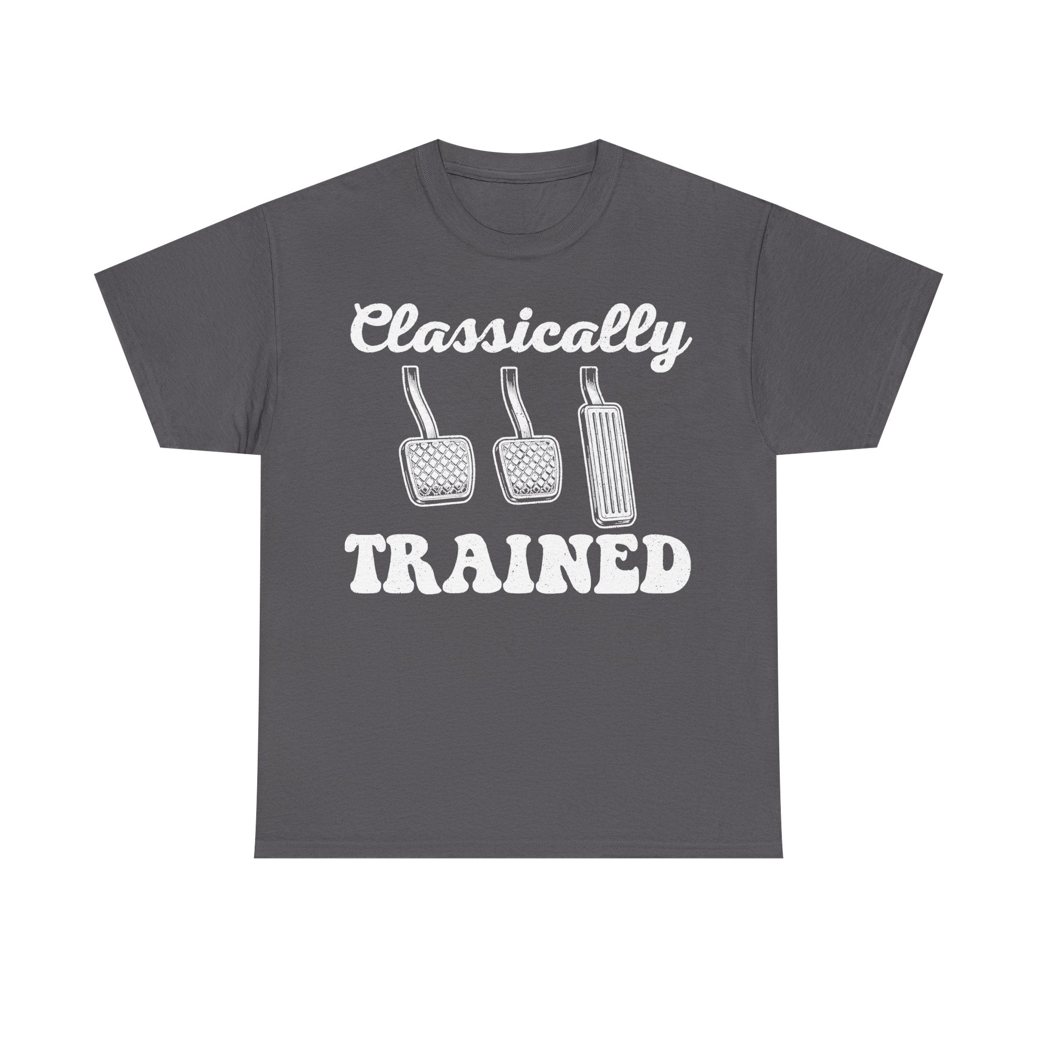 T-shirt, black with white retro graphic featuring Classically Trained in script and three piano pedals illustration