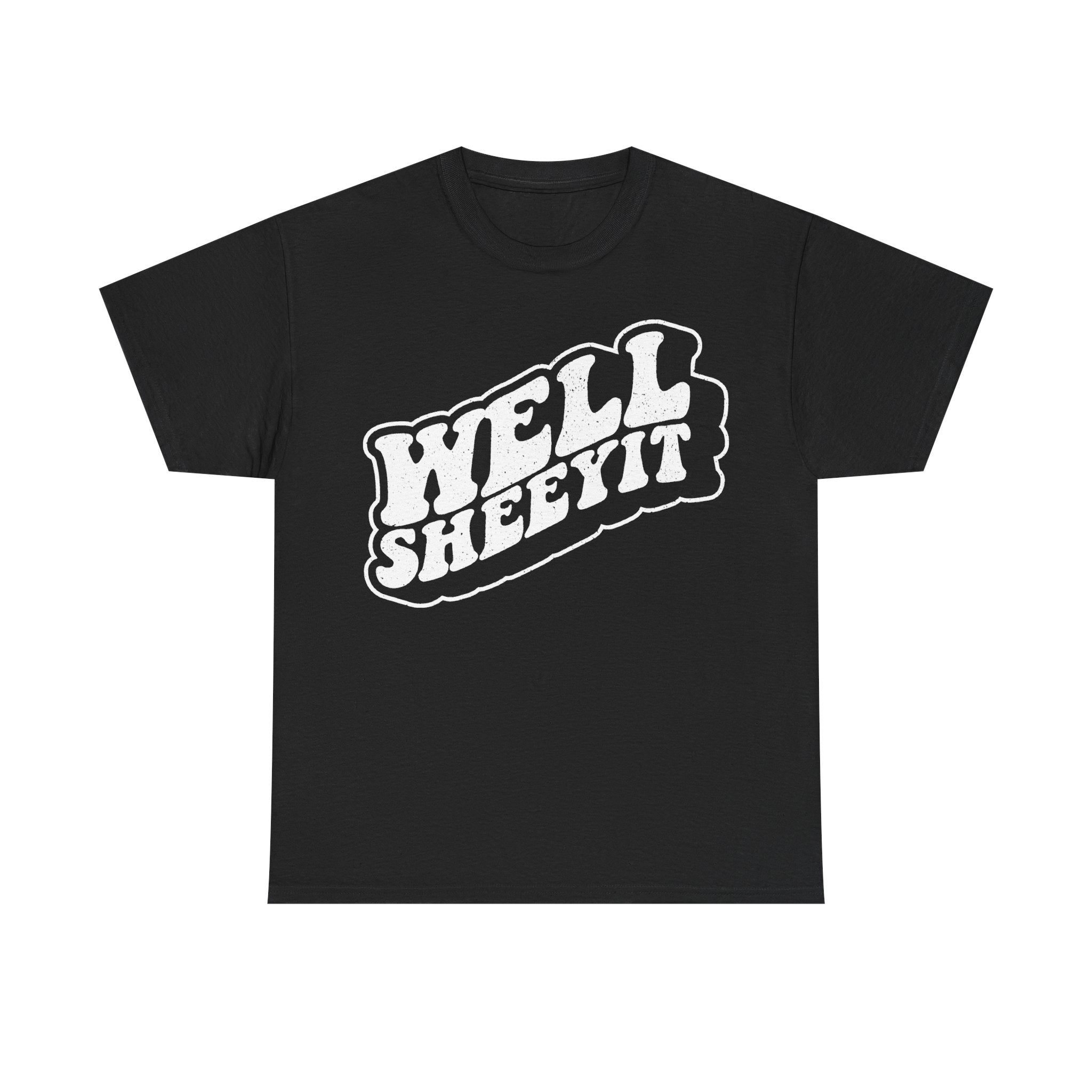 Black unisex T-shirt with a large distressed white text logo across the front chest