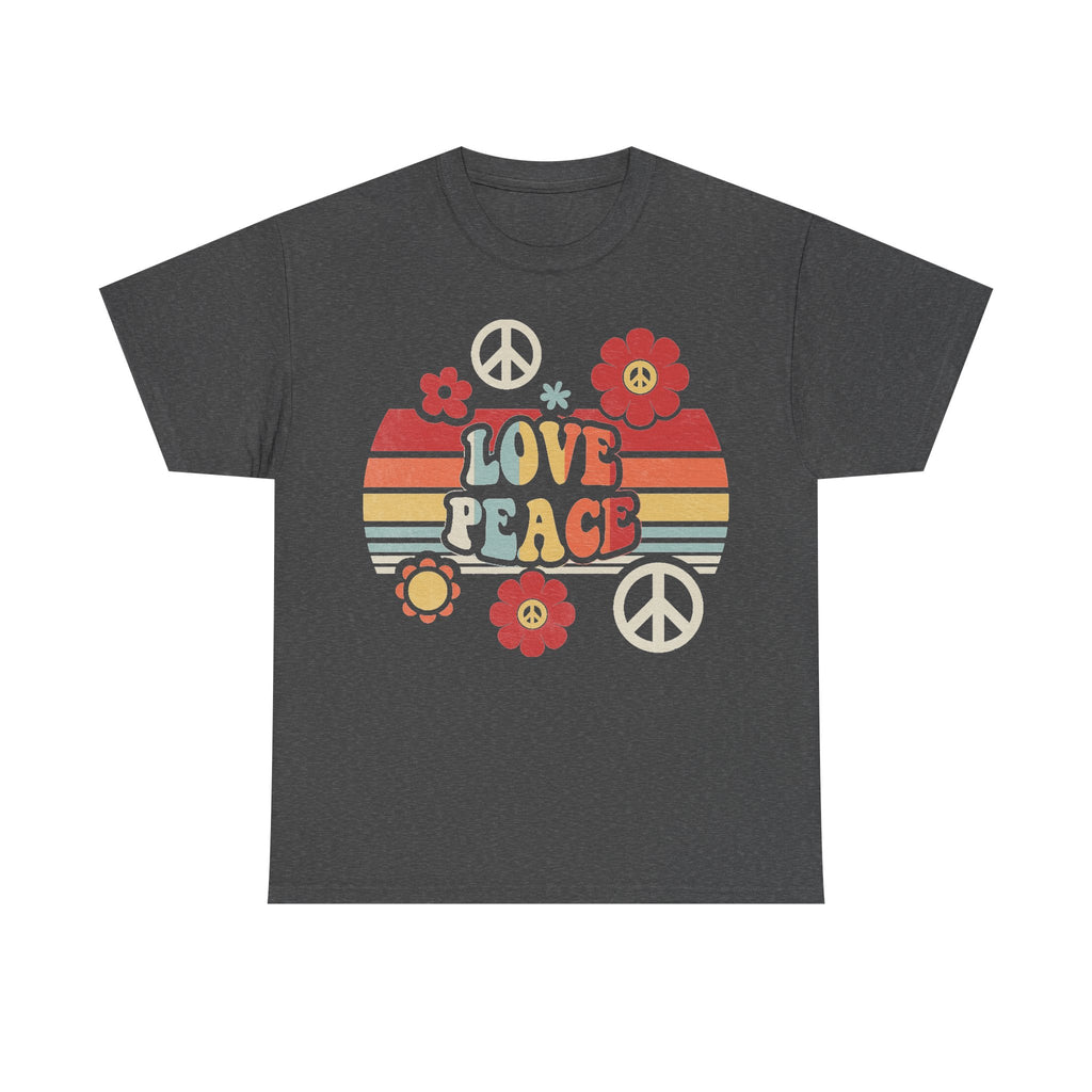 Dark gray T-shirt with retro Peace Love Flower graphic featuring peace signs and red flowers.