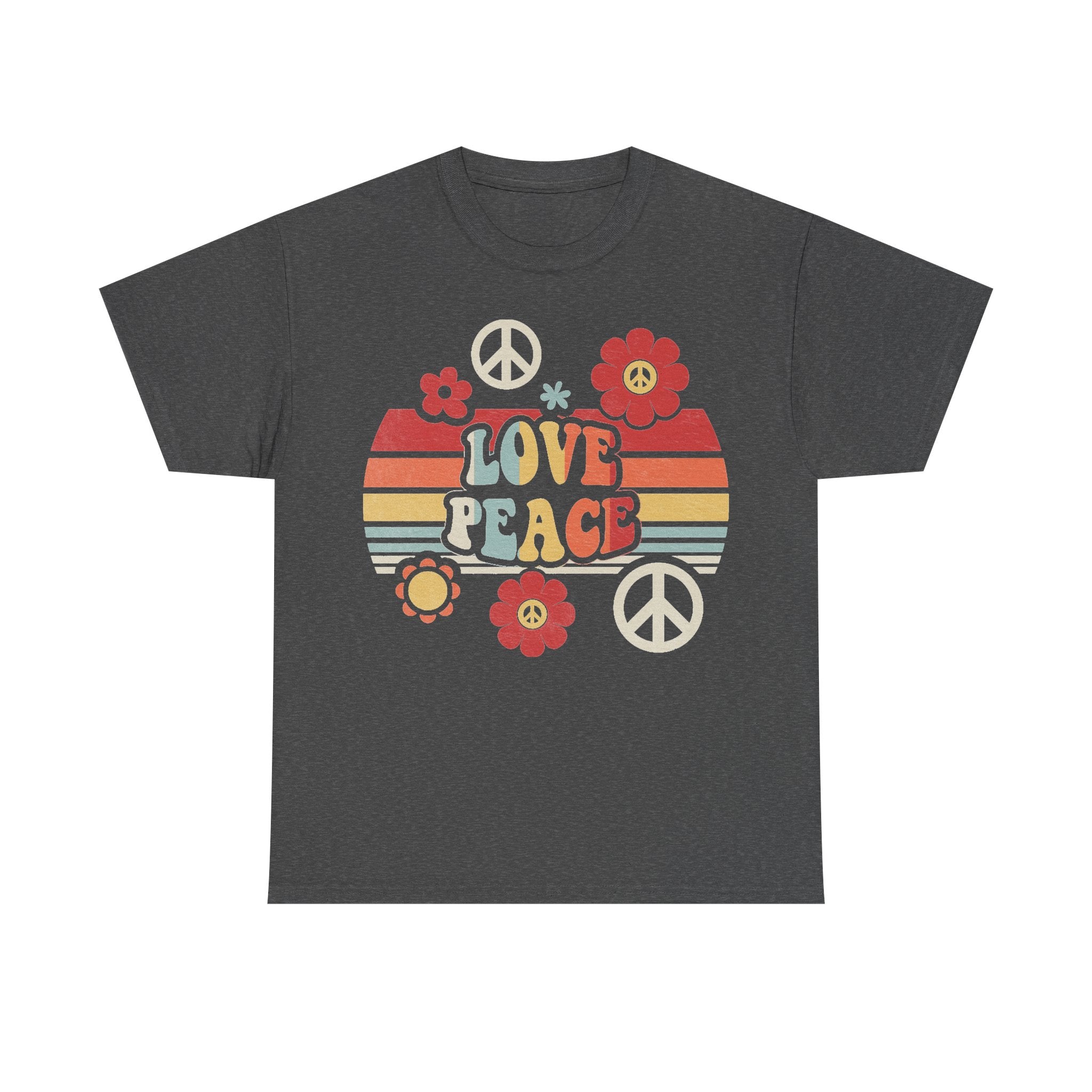 Dark gray T-shirt with retro Peace Love Flower graphic featuring peace signs and red flowers.