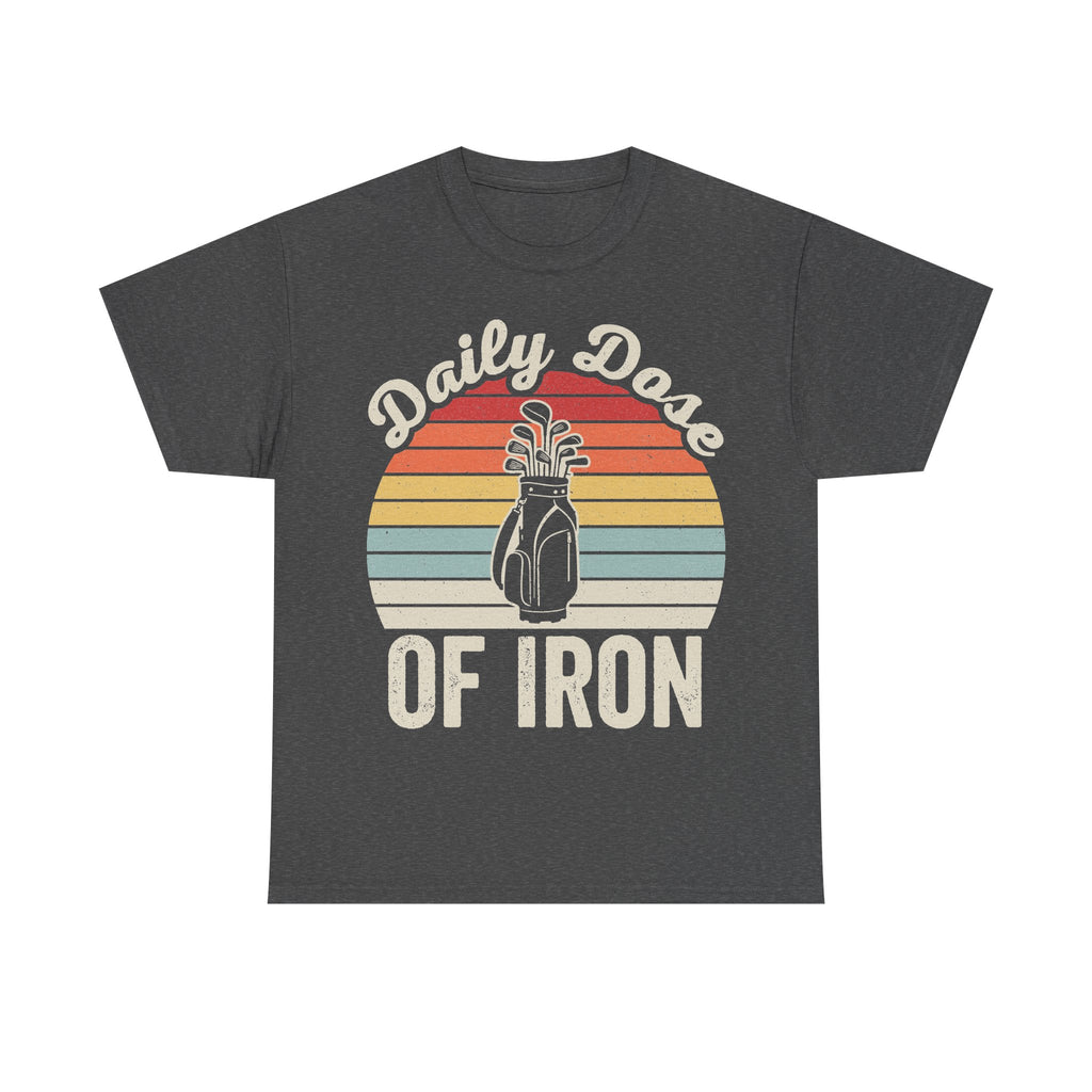 T-shirt Daily Dose Of Iron with retro sunset stripes and bottle graphic on charcoal.