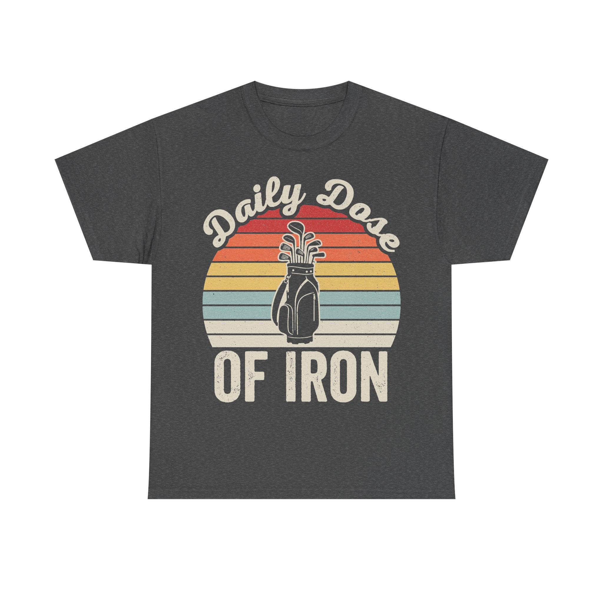 T-shirt Daily Dose Of Iron with retro sunset stripes and bottle graphic on charcoal.