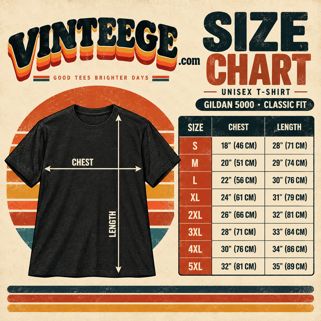 T-shirt by Vinteege in retro rainbow size chart artwork; black tee with chest and length arrows beside a size chart