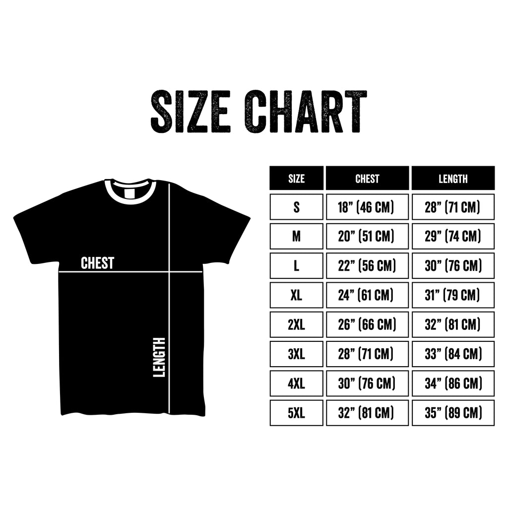 T-shirt size chart mockup in black and white with bold SIZE CHART and chest/length measurement boxes beside a black shirt silhouette.