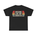 Black T-shirt with retro typography and rainbow stripes around the text Awesome Like My Daughter