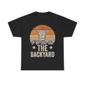 T-shirt with a retro sunset circle and drink illustration on black, featuring the text I'll Be In The Backyard