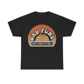 T-shirt, black, with retro orange sunset circle and bold Bad Puns That's How Eye Roll typography.