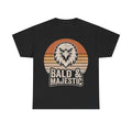 T-shirt featuring a bold, weathered bald eagle head inside an orange retro sunset circle on a black shirt