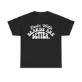 T-shirt with distressed white typography reading Dads With Beards Are Better on a black shirt, retro style.