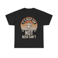 T-shirt, black with retro circular sunset graphic featuring a smiling beer can and bold white typography