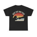 Unisex black T-shirt with a retro sunset circle, cat silhouette, and the exact quote BEST CAT DAD EVER in an arc