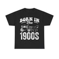 T-shirt, black with distressed vintage typography BORN IN THE 1900S and a horse-drawn carriage graphic