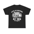 T-Shirt in black with white vintage camping scene print (mountains, tents, campfire) and Life Is Better By The Campfire.