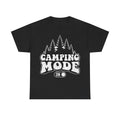 Black T-shirt with white retro camping graphic of pine trees and bold CAMPING MOOD ON typography.