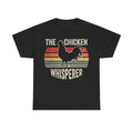 T-shirt, black, featuring a vintage rooster silhouette over retro rainbow stripes and THE CHICKEN WHISPERER text