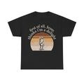 Black T-shirt with vintage bear sunset graphic; circular orange sun, bear holding a mug, and the text First of all, Jesus thinks I’m a delight