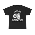 Black T-shirt with white distressed graphic text I'm Not Mad Just Chronically Overstimulated and a donut and cup illustration