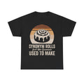 Black T-shirt with retro sunset circle and dripping skull graphic; reads Synonym Rolls Just Like Grammar Used to Make