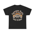 T-shirt, black, featuring a retro circular graphic with Synonym Rolls and Just Like Grammar in beige and orange.