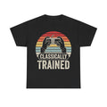 Black T-shirt featuring a retro sunset circular graphic with hands holding a classic game controller and the bold CLASSICALLY TRAINED text.