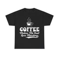 Black T-shirt with white vintage coffee cup steam graphic and bold COFFEE text