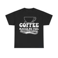 Black T-shirt with white distressed coffee cup graphic and bold vintage text Coffee makes me feel less murdery