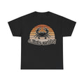 Crab Sunset Tee on black with retro orange sun stripes, crab graphic, and a little crabby text