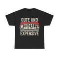 T-shirt, black, featuring a distressed retro sunset graphic with the words CUTE AND MEDICALLY EXPENSIVE.