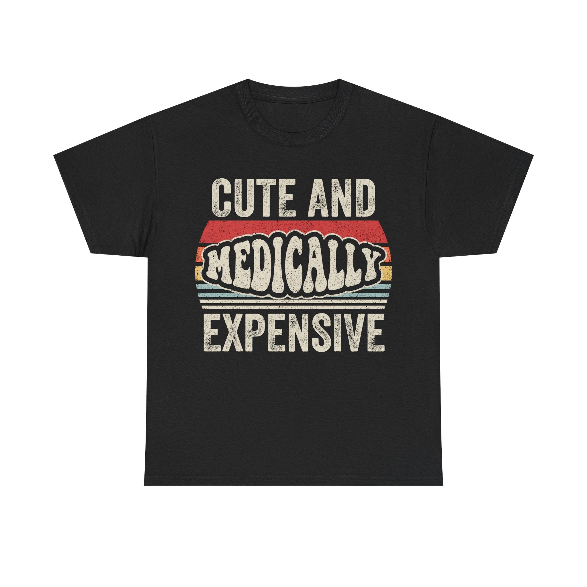 T-shirt, black, featuring a distressed retro sunset graphic with the words CUTE AND MEDICALLY EXPENSIVE.