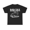Dad Tax T-shirt, black with white distressed text and fries, hot dog, and ice cream icons.