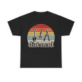 T-shirt featuring 3 garden tools (shovel, trowel, pruning shears) in a retro sunset circle on black fabric
