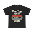 Unisex black T-shirt with retro distressed typography reading Feeling KINDA IDGAF-ISH over colorful stripes TODAY