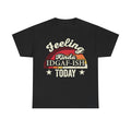 T-shirt in black with retro rainbow arc and cream script reading Feeling Kinda IDGAF-ISH, TODAY.