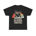 Black T-shirt with retro sunset rainbow and hand-drawn tomato cluster; Fresh Delicious Tomatoes