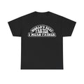 Black t-shirt with bold white circular text reading World's Best Farter I Mean Father across the chest.