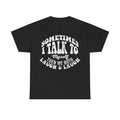 Black T-shirt with distressed white circular typography reading Sometimes I Talk To Myself